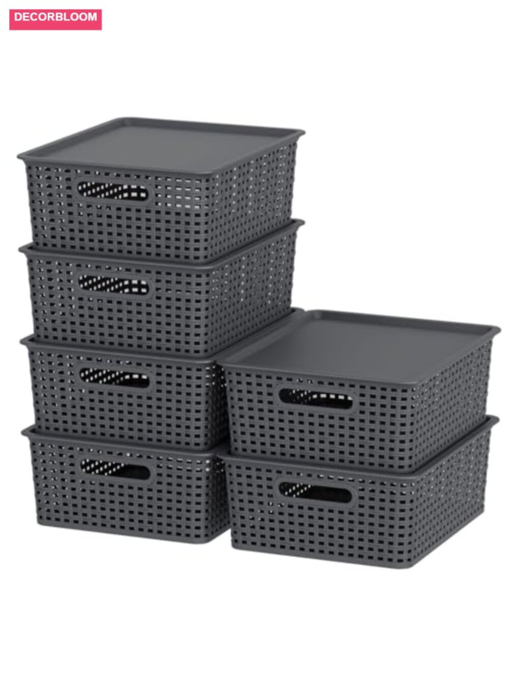 13 Quart Plastic Woven Storage Baskets with Lid, Set of 6, Stackable Organizer